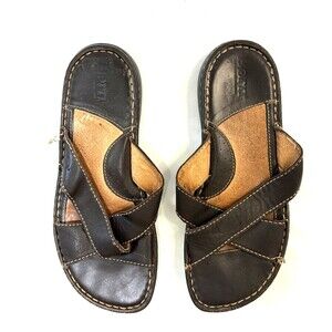 Born Brown Leather Sandals Criss Cross Straps Flat Slides Sz 7 Boho Vintage Y2K